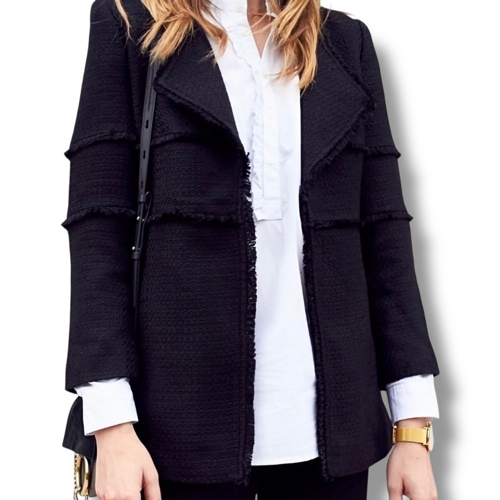 NWT LOFT Open Front Draped Fringe Accent Tweed Jacket in Black Size Medium